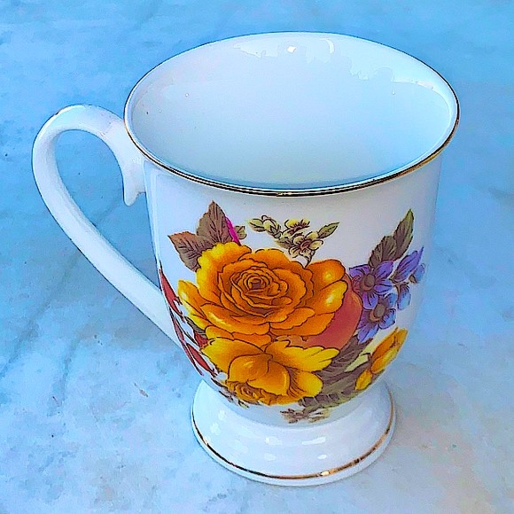 GRACES TEAWARE ROSES YELLOW COFFEE MUG CUP NEW FOOTED PORCELAIN